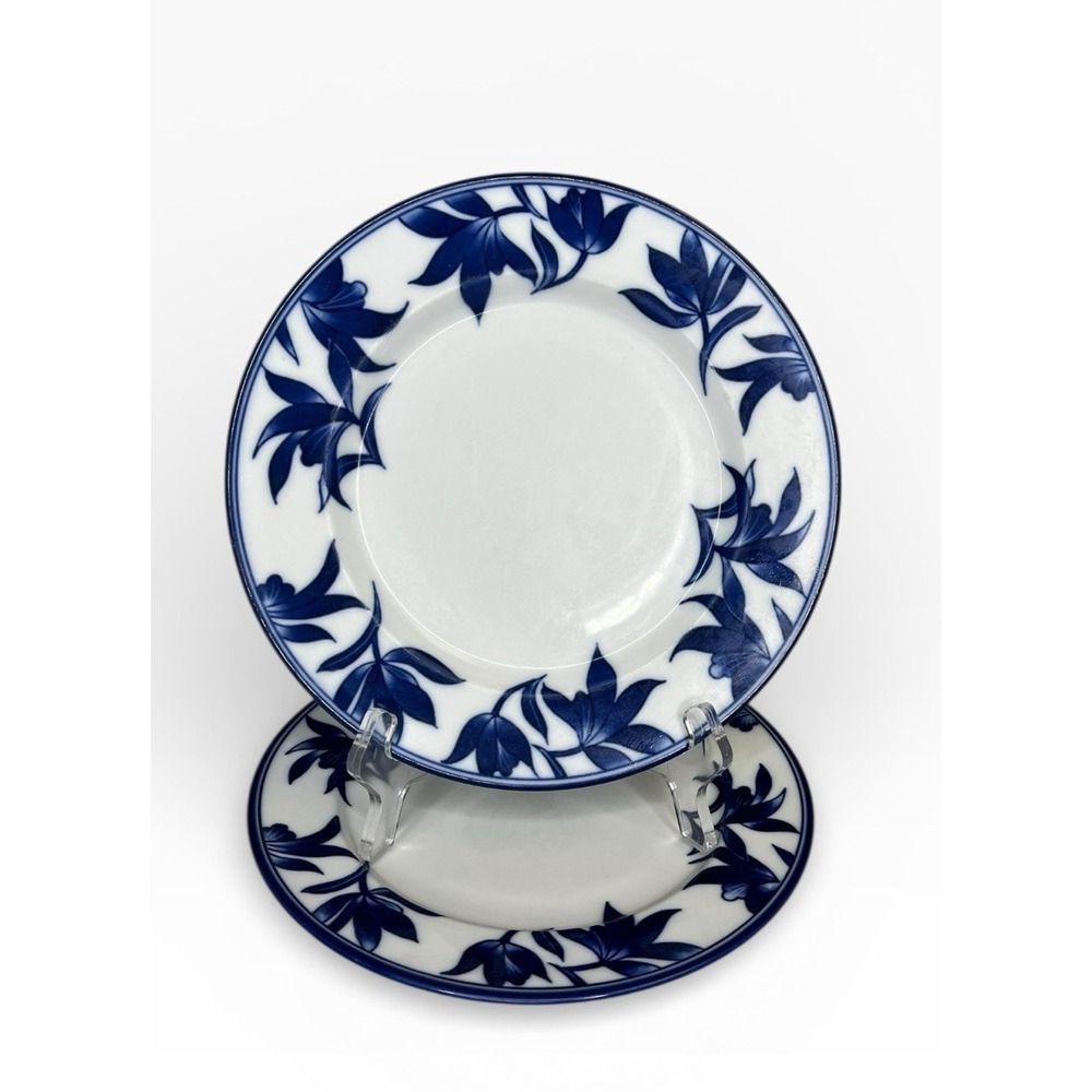 Pier 1 Ming White Cobalt Blue Salad Plate Set of 2 Leaves & Flowers Asian Glossy